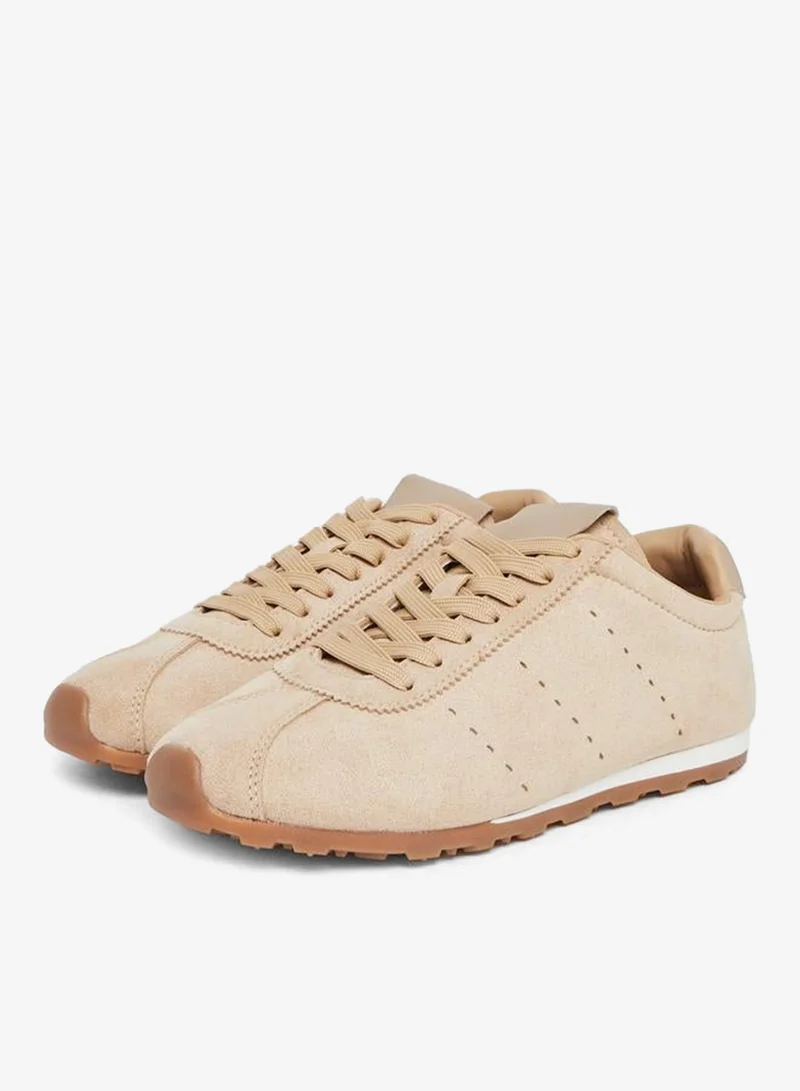Styli Tan Suede-Look Lace-Up Sneakers
